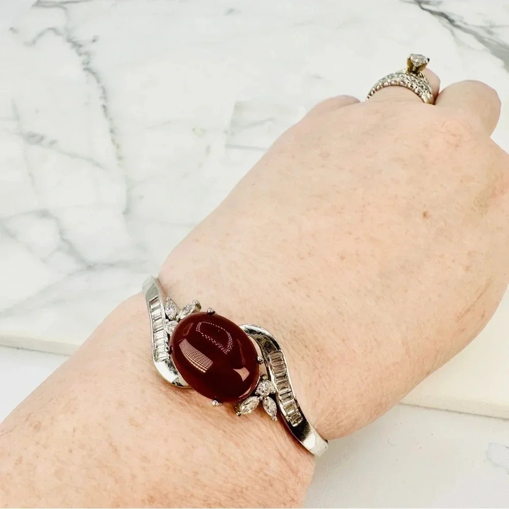 Burgundy Cabochon Glass Bracelet Baguette Rhinestone Silver Tone Hinged … - Picture 2 of 10